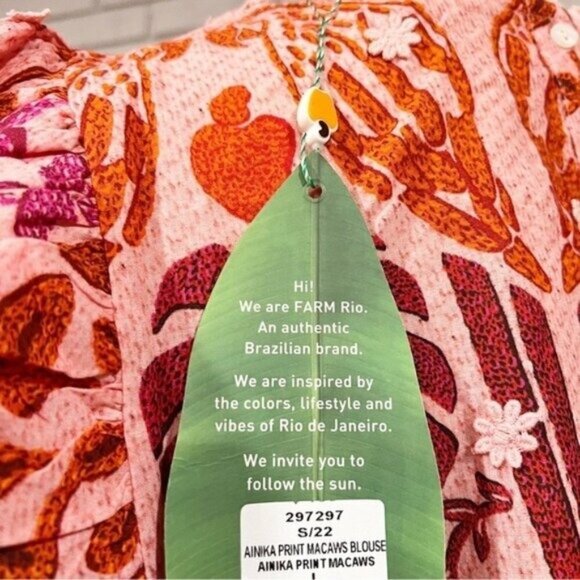 FARM Rio “Ainika Macaws” Puff-Sleeve Cotton Blouse • Size XL • Tropical Print - Picture 12 of 16